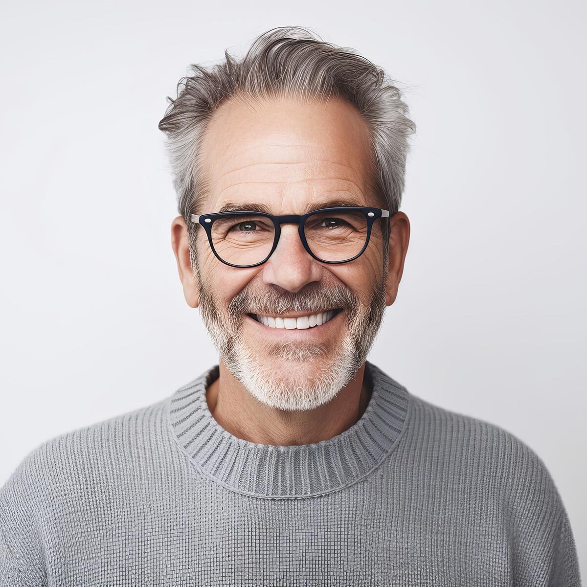 Serenely smiling middle-aged man with gray hair and beard in woo.