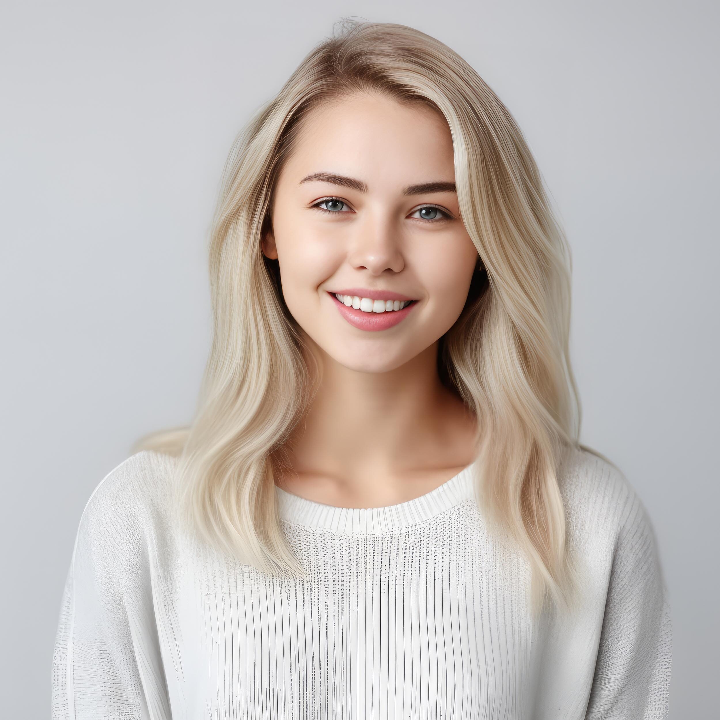 Headshot of a beautiful blond smiling young woman on grey background.